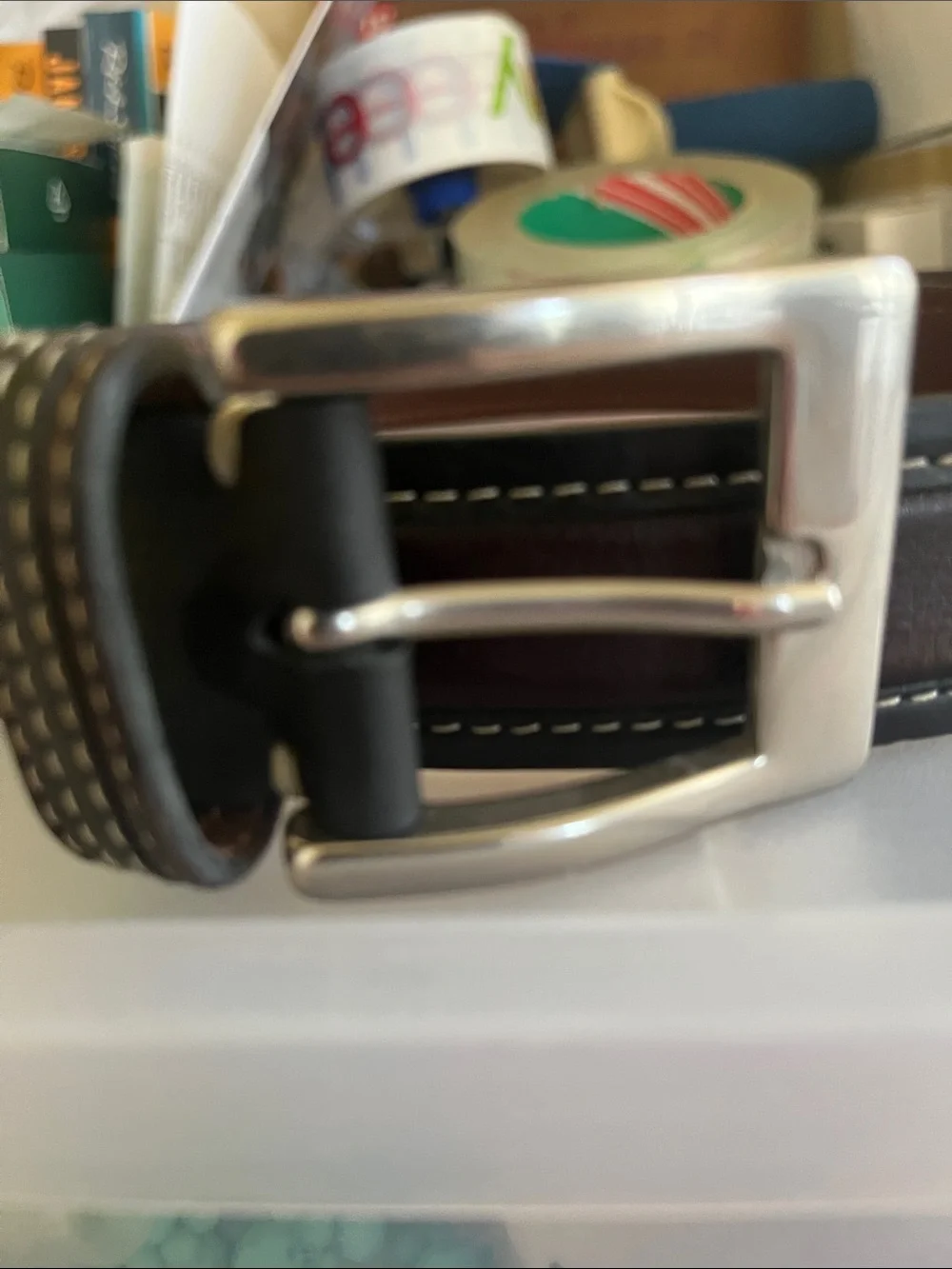 Men’s Cole Haan Leather Belt brass size 36” brown Buckle 1.5”